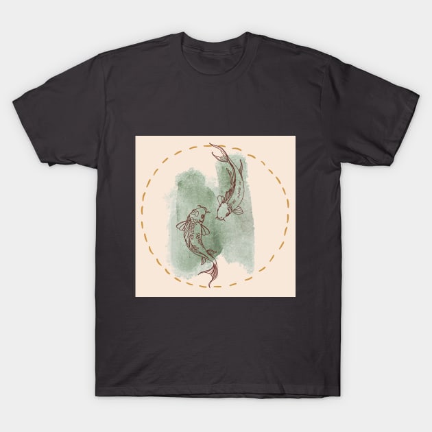 watercolor minimalistic Koi fish in a golden circle T-Shirt by Aesth